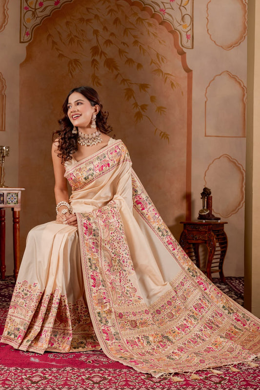 Premium Pashmeena Silk Saree with Royal Heritage Woven Border