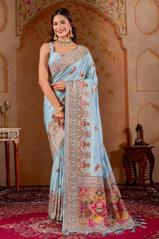 Designer Pashmeena Silk Saree with Floral & Peacock Traditional Border