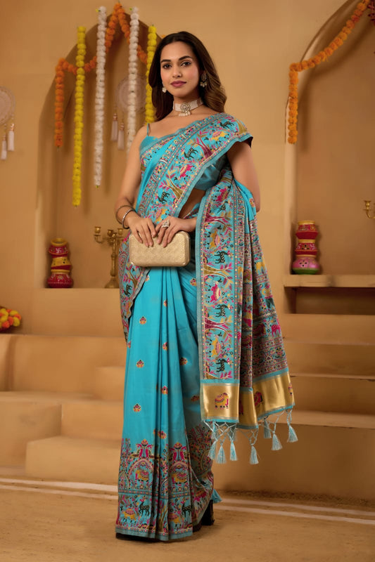 Premium Pashmeena Silk Saree with Traditional Peacock & Deer Woven Design