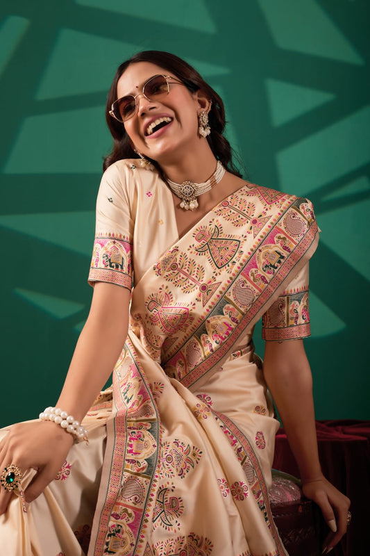 Elegant Pashmeena Silk Saree with Heritage Motif Designer Border