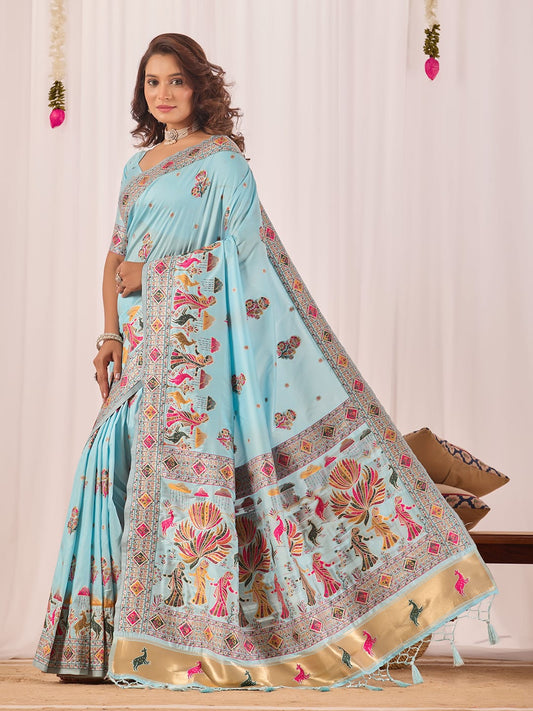 Luxury Pashmeena Silk Saree with Peacock & Floral Traditional Weaving