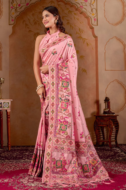 Royal Elephant Motif Pashmeena Silk Saree with Traditional Designer Border