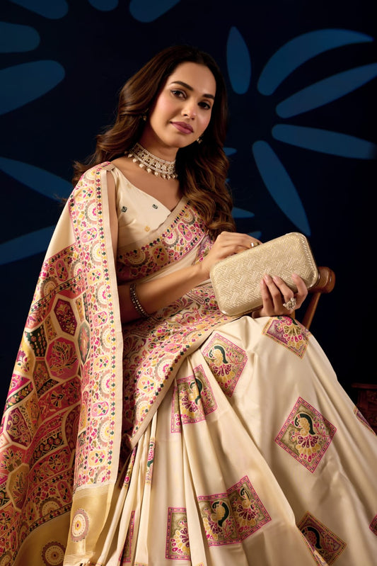 Royal Pashmeena Silk Saree with Traditional Multicolor Woven Border