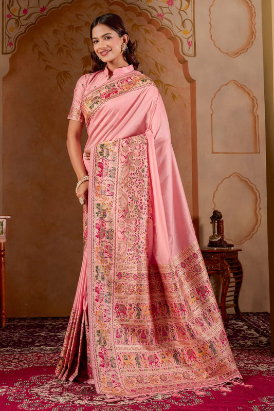 Premium Pashmeena Silk Saree with Royal Heritage Woven Border