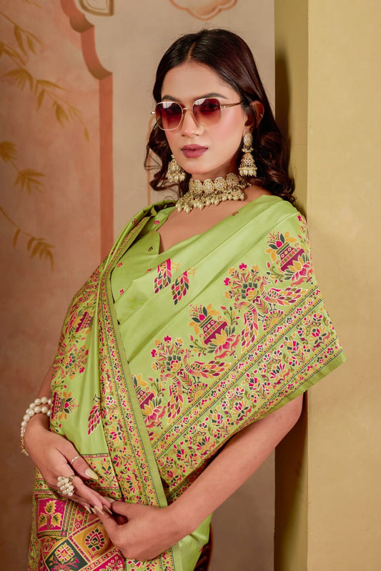 Designer Pashmeena Silk Saree with Floral & Peacock Traditional Border