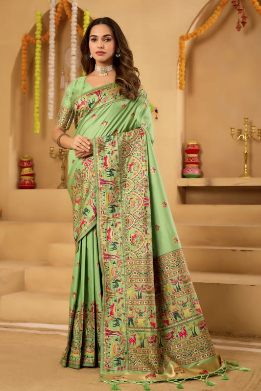 Premium Pashmeena Silk Saree with Traditional Peacock & Deer Woven Design