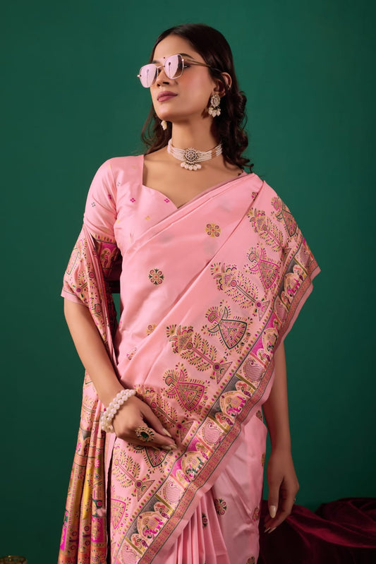 Elegant Pashmeena Silk Saree with Heritage Motif Designer Border