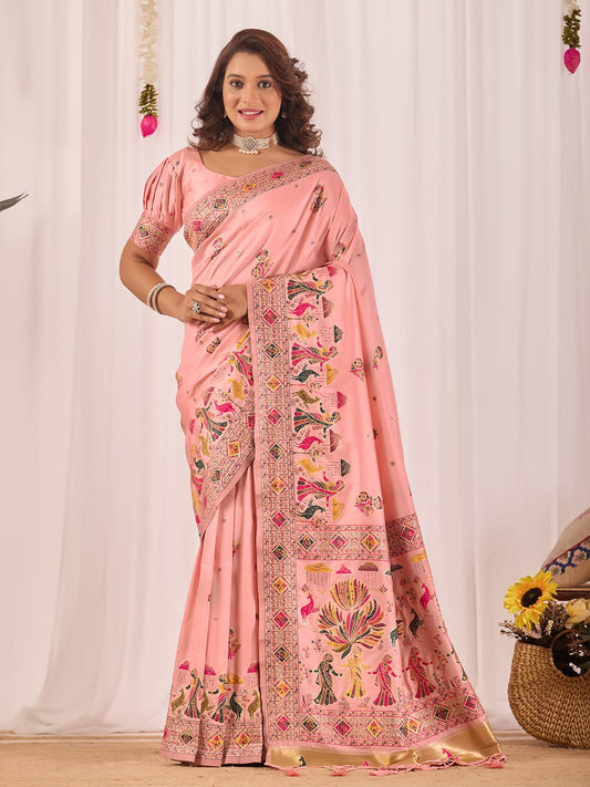 Luxury Pashmeena Silk Saree with Peacock & Floral Traditional Weaving