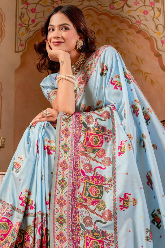 Royal Elephant Motif Pashmeena Silk Saree with Traditional Designer Border