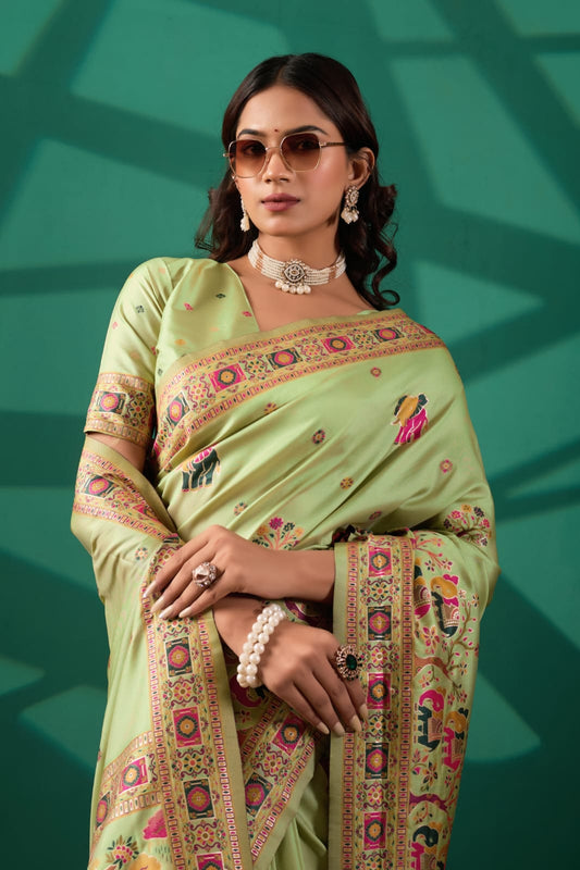 Elegant Soft Pashmeena Silk Saree with Traditional Elephant Border Design