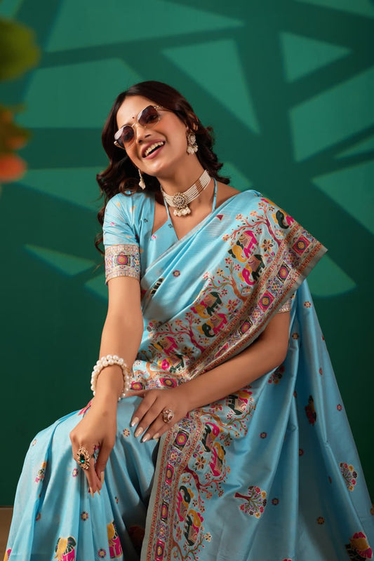 Elegant Soft Pashmeena Silk Saree with Traditional Elephant Border Design