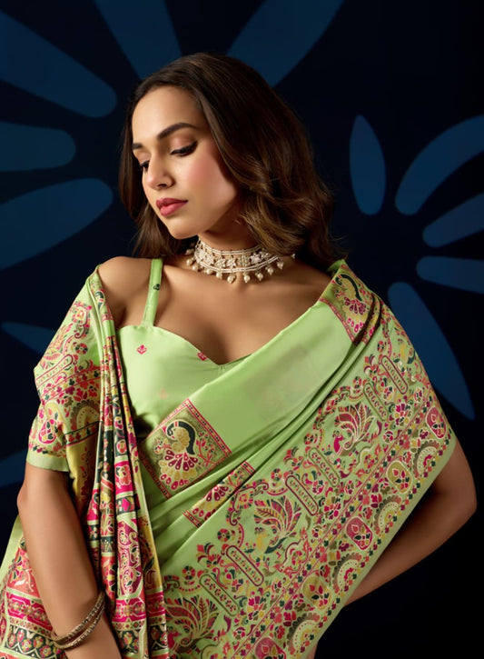 Royal Pashmeena Silk Saree with Traditional Multicolor Woven Border